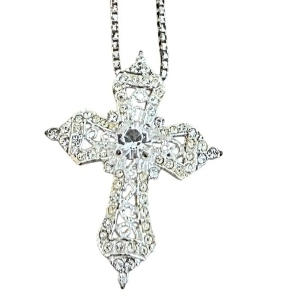 Rhinestone Cross Pendant‎ Necklace Silver Tone Chain Dainty Religious Jewelry